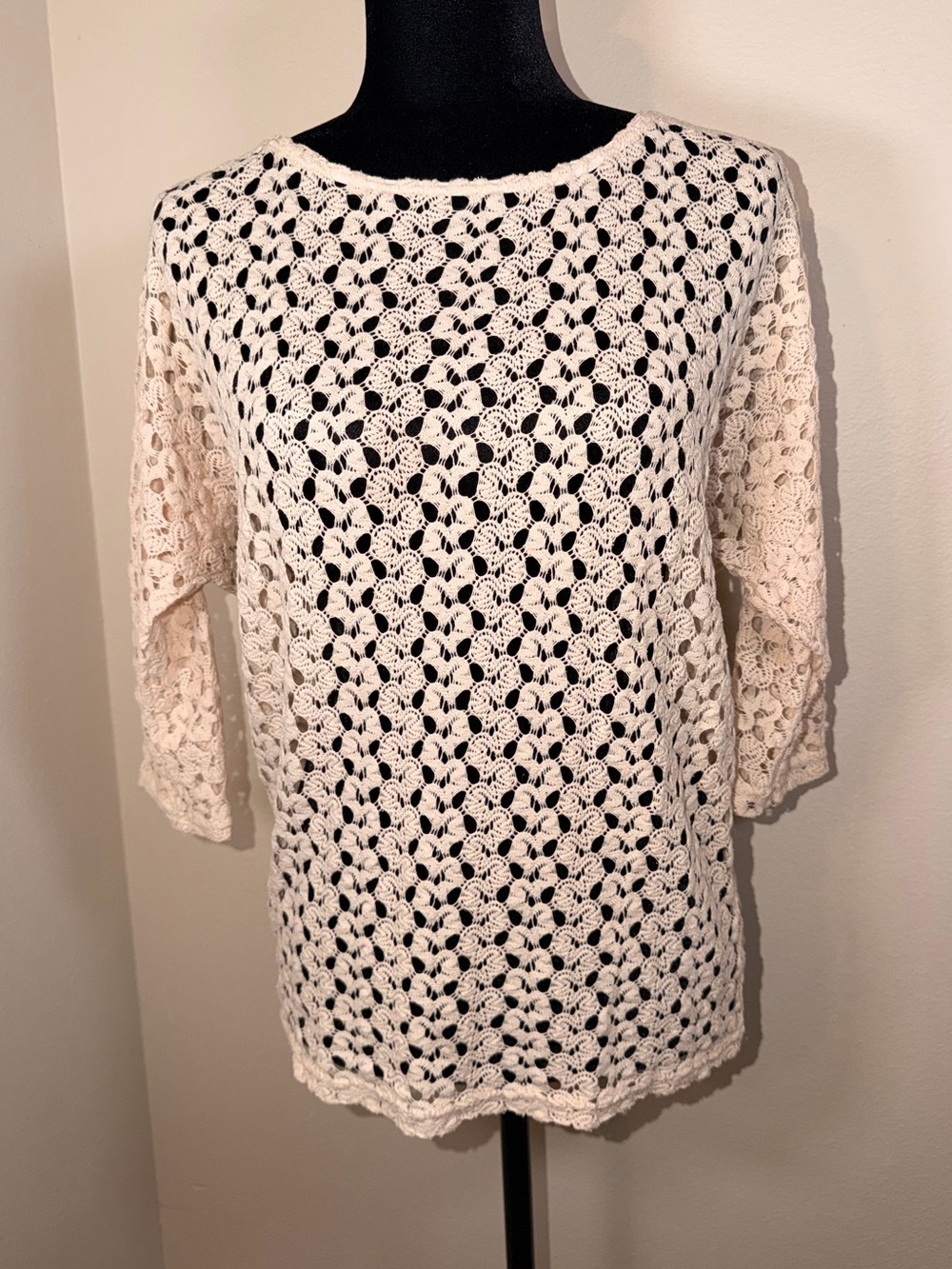 Faith and Joy 2010s Boho Chic Crochet Half Sleeve Knit Top Sheer Fairy Hippie